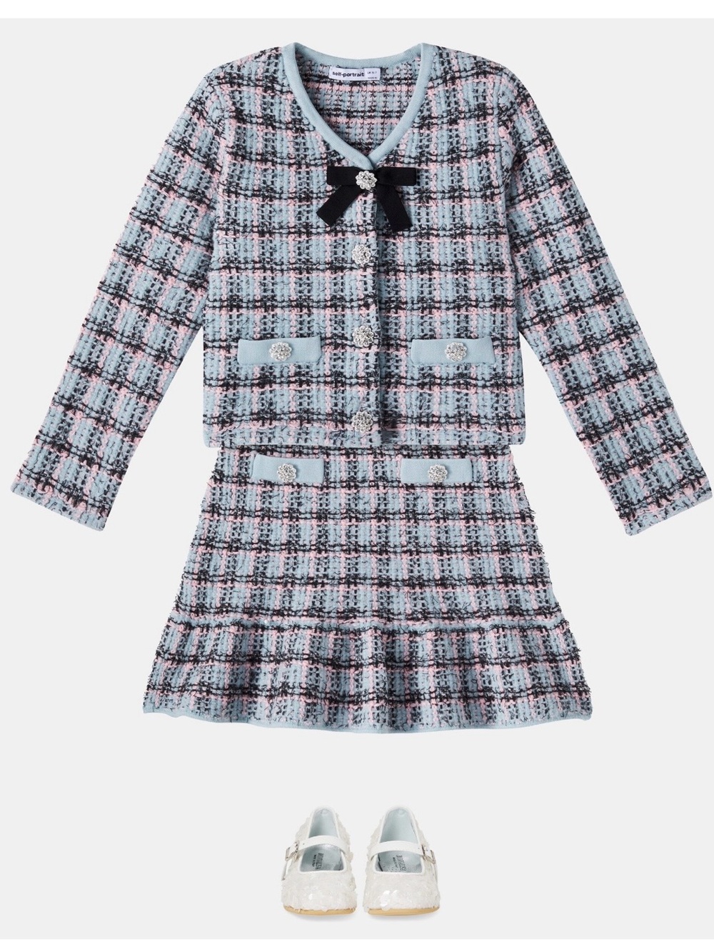 Self-Portrait Kids Blue and Pink Tweed Skirt and Jacket Set